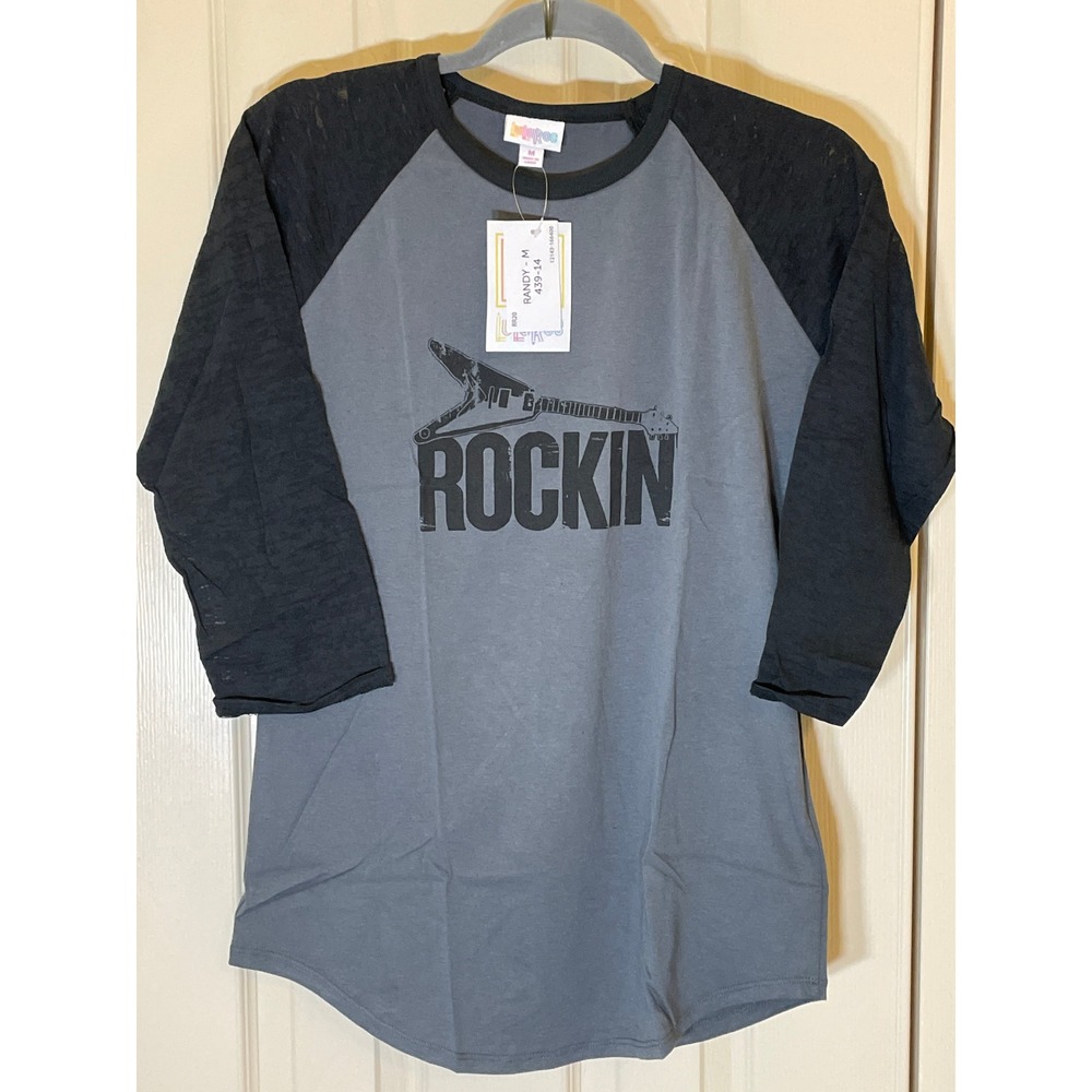 LuLaRoe Randy Top Womens Medium Grey Black NWT Rockin Guitar Graphic Raglan Tee